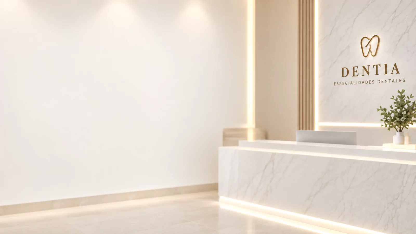Interior de la clínica Dentia con su logotipo